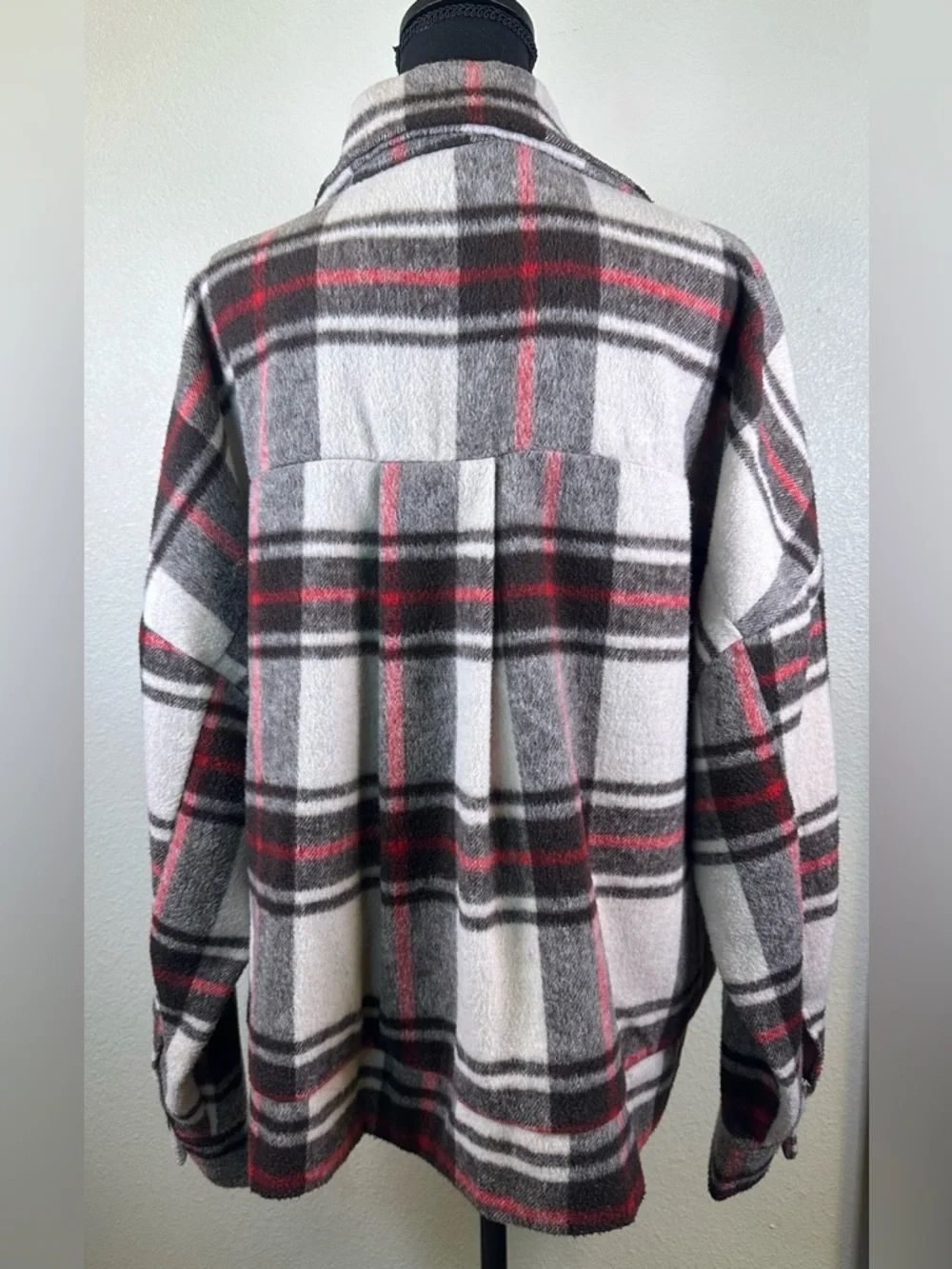 #147 - LuLaRoe Plaid Utility Shacket in Gray, White & Red - Picture 8 of 13